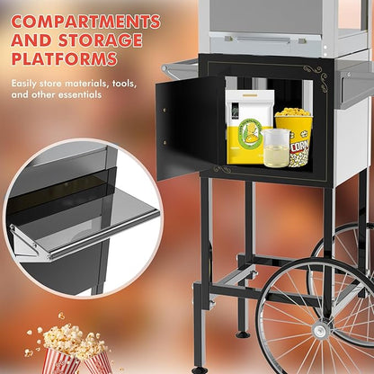 Commercial Popcorn Machine with Cart, Wheels & 20 Oz Kettle, Popcorn Maker Machine Vintage Style Movie Theater Popcorn Popper Machine for Parties, Events, Commercial, and Home Theater
