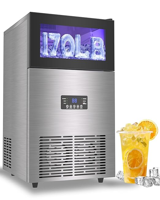 Commercial Ice Maker Machine 𝟏𝟕𝟎 𝐋𝐛𝐬/𝐃𝐚𝐲, Undercounter Ice Makers 40Lbs Storage Bin and 63 Ice Trays, Outdoor Ice Maker Brushed Metal with Water Line, Ice Scoop, for Home, Bar, Party