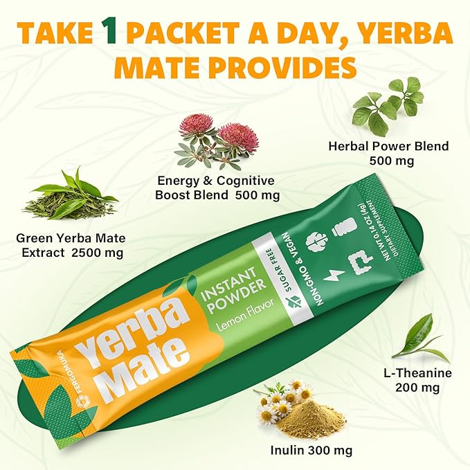 Yerba Mate 4000mg, 10 in 1 Super Yerba Mate Tea Instant Powder - No Sugar, Clean Energy with No Crash, Stay Refreshed and Focused, Gut Health, with Ginseng, Rhodiola, Prebiotic, L-Theanine, 30 Packets