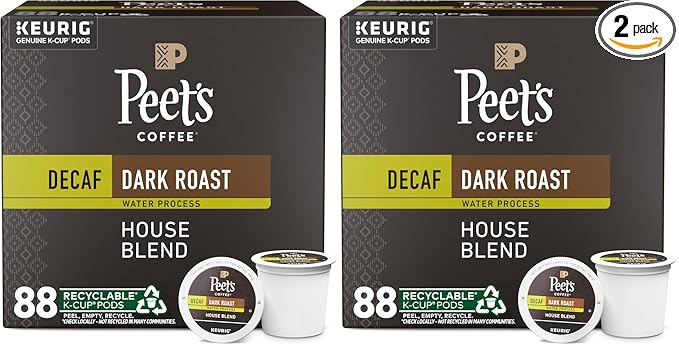 Peet's Coffee, Dark Roast Decaffeinated Coffee K-Cup Pods for Keurig Brewers - Decaf House Blend 88 Count (4 Boxes of 22 K-Cup Pods) (Pack of 2)