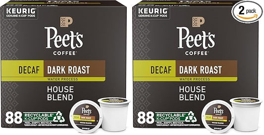 Peet's Coffee, Dark Roast Decaffeinated Coffee K-Cup Pods for Keurig Brewers - Decaf House Blend 88 Count (4 Boxes of 22 K-Cup Pods) (Pack of 2)