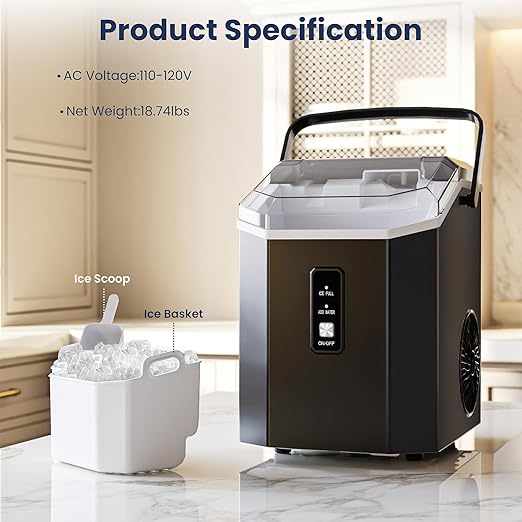 Antarctic Star Nugget Ice Makers Countertop with Self-Cleaning, 35lbs/24H, Portable Sonic Ice Maker Machine with Handle/Basket/Scoop for Home, Kitchen, Office, Camping(Black)