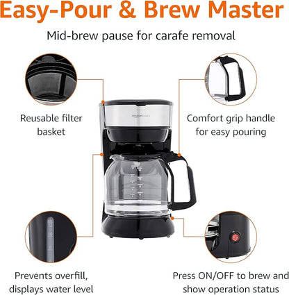 Amazon Basics Coffee Makers, 12-Cup Coffee Machines with Reusable Filter, Coffee Pots, Black & Stainless Steel