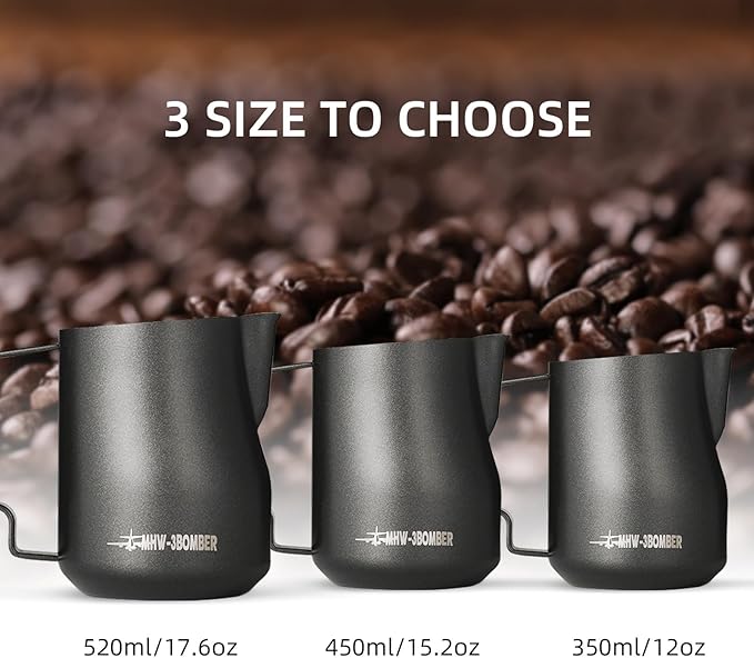 MHW-3BOMBER Milk Frothing Pitcher 450ml/15.2oz Milk Frother Cup Espresso Steaming Pitcher Stainless Steel Milk Frother Cup Barista Latte Art Round Spout Milk Jug P6005MB-OS
