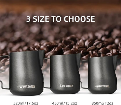 MHW-3BOMBER Milk Frothing Pitcher 450ml/15.2oz Milk Frother Cup Espresso Steaming Pitcher Stainless Steel Milk Frother Cup Barista Latte Art Round Spout Milk Jug P6005MB-OS