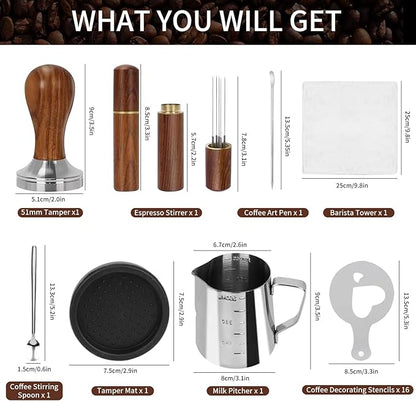 Gmnuiy51mm Coffee Tamper Set 23 PCS, Espresso Accessories Kit Barista Kit,316stainlesss Tamper & WDT Tool,316stainlesss Frothing Pitcher, Stirrer, Tamper Mat, Latte Art Pen Coffee puck screen