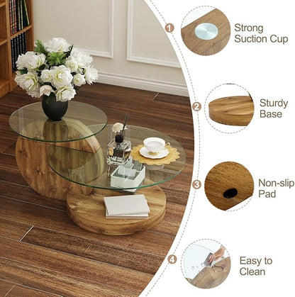 35 Inch Glass Coffee Table，Round Coffee Table with 2-Tier Tempered Glass Tabletop，Easy to Clean Circle Coffee Table with Sturdy Base for Living Room，Office （Brown Colored Base）