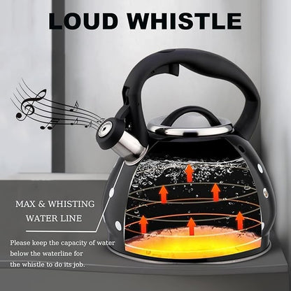Tea Kettle Stovetop, Whistling Teapot 304 Stainless Steel 3.2 Quart Teakettle, Polka Dot Teapots for Stove Top, Whistle Tea Pot with Cool Touch Ergonomic Handle (Black/White, 3.2 Quarts)
