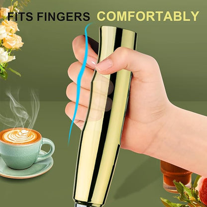 YUSWKO Champagne Gold Handheld Milk Frother Wand with Stand for Coffee, Rechargeable Electric Whisk with 3 Heads 3 Speeds Drink Mixer Coffee Frother For Latte, Cappuccino, Hot Chocolate, Egg