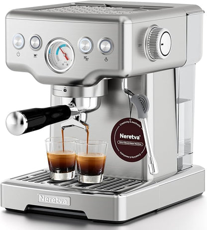 Neretva Espresso Machine, 15 Bar Espresso Coffee Machine with Visible Pressure Guage Professional Espresso Maker with Milk Frother & Stainless Steel for Home Barista Latte and Cappuccino Maker-Silver