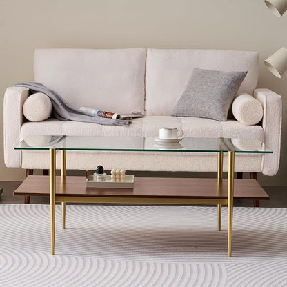 Rectangle Coffee Table, Mid-Century Modern Design, L41 W21 x H17, for Living Room, 2-Tier Structure, Clear Glass Top and Walnut MDF Shelf, Sleek Conical Metal Legs with Gold Finish