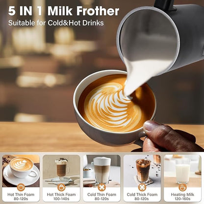5-in-1 Milk Frother and Steamer,12oz/350ml Electric Milk Steamer,Automatic Cold and Hot Foam maker for Lattes,Coffee,Macchiato,Matcha,Non-stick Coating Interior.(Black）