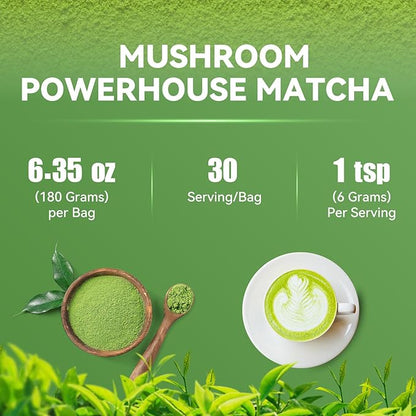 Mushroom Matcha Blend with 6 Adaptogen Mushrooms & Ceremonial-Grade Matcha Powder - Boosts Energy, Focus, Digestion, Immunity (30 Servings)