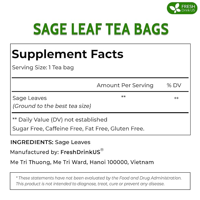 FreshDrinkUS, Premium 135 Sage Leaf Tea Bags, 100% Natural & Pure from Sage Leaves. Loose Leaf Herbal Tea. Made with Natural Material Tea Bags. No Sugar, No Caffeine, No Gluten, Vegan.