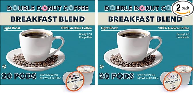 Double Donut Coffee Breakfast Blend Fresh Medium Roast Coffee SingleServe Pods for Keurig K Cup Brewer Machines 20 Capsules per Box (Pack of 2)