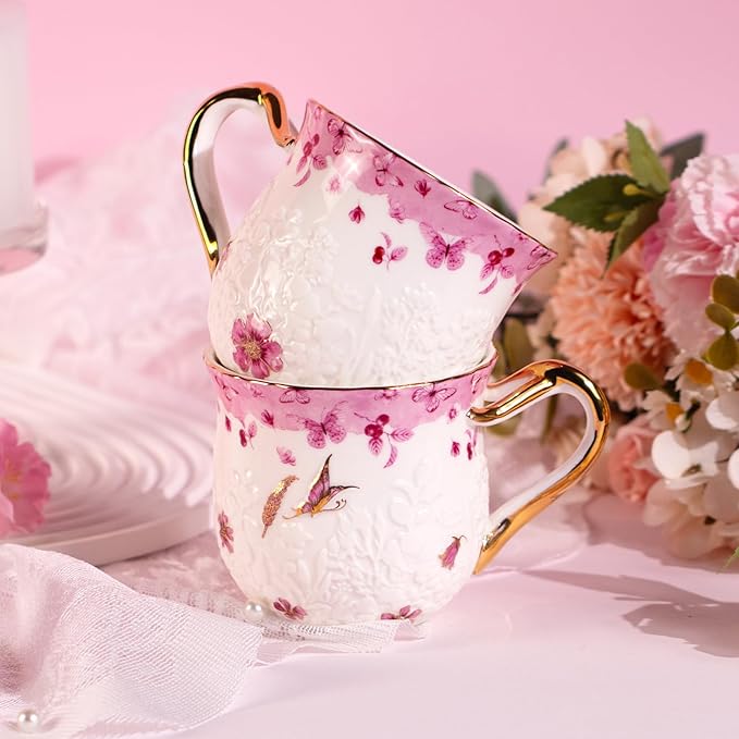 KAMMAK Coffee Mugs Ceramic Espresso Cups 16oz Porcelain Tea Cups Set of 2 Large Cappuccino Mugs with Handle Demitasse Mug for Hot Cocoa, Latte, Breakfast Cereal, Americano (Butterfly)