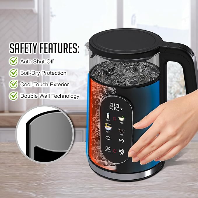 OVENTE Electric Kettle 1500W Fast Boiling Water Heater with 1.7L Double Wall Insulated Borosilicate Glass Interior, Digital Touchscreen, Keep Warm, Auto-Shut Off and Boil-Dry Protection, Black KD96B