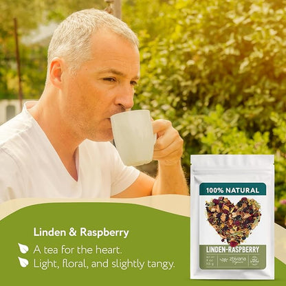 Linden & Raspberry Herbal Tea Loose Leaf – Fruity Tea with Raspberry Leaf & Fruit, Lemon Balm & Elderflower – No Caffeine – Naturally Calming Herbal Teas – 4oz.