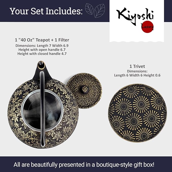 Large Japanese Cast Iron Teapot Capacity 40Oz with Trivet and Loose Leaf Tea Infuser, Cast Iron Tea Kettle Stovetop Safe. Tetsubin Coated with Enamel Interior - Black Teapot