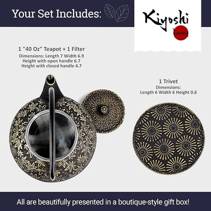 Large Japanese Cast Iron Teapot Capacity 40Oz with Trivet and Loose Leaf Tea Infuser, Cast Iron Tea Kettle Stovetop Safe. Tetsubin Coated with Enamel Interior - Black Teapot