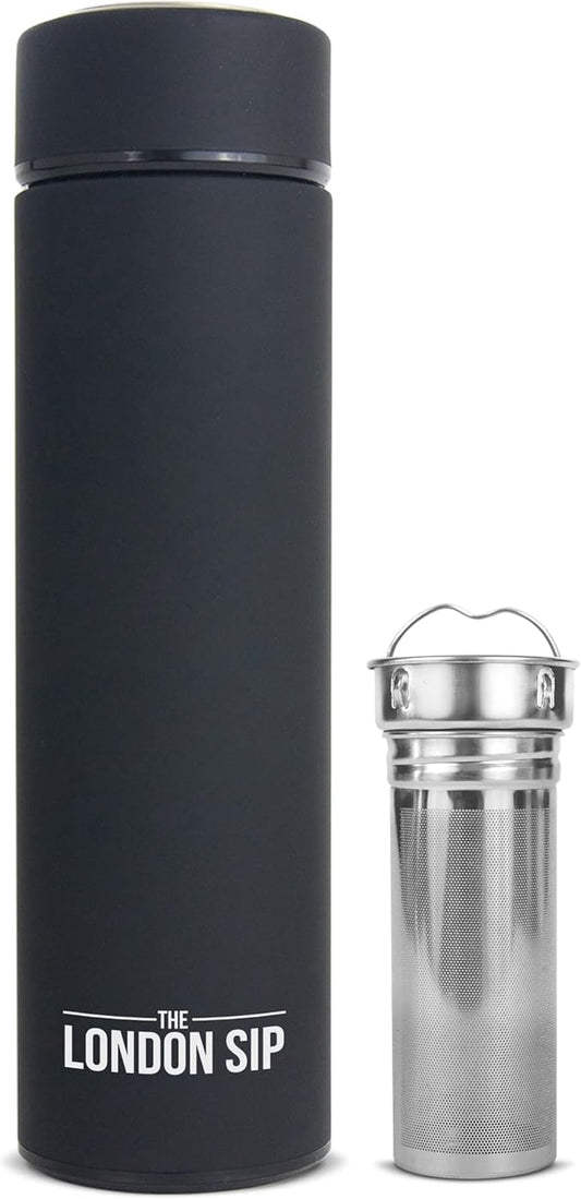 London Sip Multi-Purpose Tea Infuser Travel Mug and Tumbler Fruit Infuser Flask Hot and Cold Double Wall Stainless Steel Thermos with Extra-Long Infuser, Zen Black