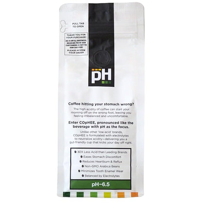 Low Acid Coffee – French Vanilla – Ground Medium Roast – Smooth Non-GMO Arabica Coffee – Electrolyte Infused for Sensitive Stomachs, Acid Reflux, and Heartburn ~pH 6.5 – 12 oz bag by COpHEE