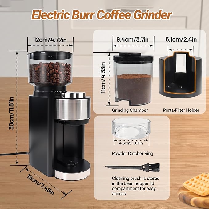 Electric Burr Coffee Grinder with 25 Grind Setting for 2-12 Cup Adjustable Stainless Steel Dosing Bean Mill Home Automatic Conical Freshly Ground Espresso Grinder with Cleaning Brush Black