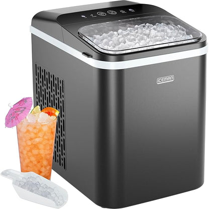Iceman Compact Pebble Ice Machine, Countertop Nugget Ice Maker Produces Chewable Pellet Ice in 8 Minutes, Makes 26lbs/Day, One-Touch Cleaning Function with Ice Scoop/Basket Included – Black