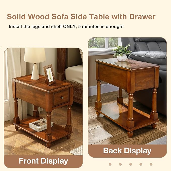 PADMA HOUSE Solid Wood Narrow End Table with Drawer, Vintage Rectangle Sofa Side Table with Storage Shelf Mid-Century Apartment Slim Bedside Table for Small Spaces,13 * 22 * 22.3in