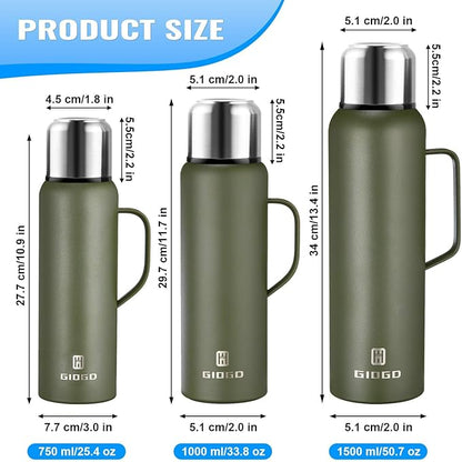 Insulated Vacuum Thermo Bottle 750ml/25.4oz with Cup Stainless Steel Coffee Bottles for Hot and Cold Drink Water Flask.(Green, with Handle, 750ml)