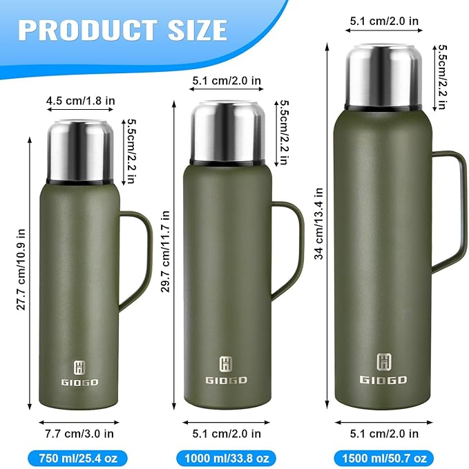 Insulated Vacuum Thermo Bottle 1000ml/33.8oz with Cup Stainless Steel Coffee Bottles for Hot and Cold Drink Water Flask.(Green, with Handle, 1000ml)