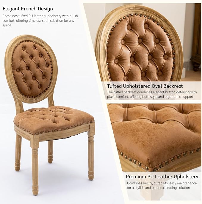 French Country Dining Chairs Set of 6, Vintage Wooden Dining Chairs with PU Leather Upholstered Tufted Seat,Solid Wood Legs&Frame, Farmhouse Kitchen&Living Room Chairs(Orange,6 Pcs)