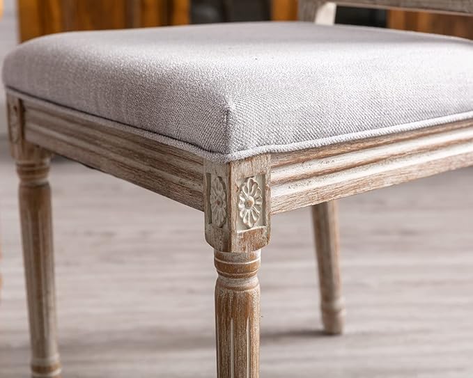 CIMOTA Farmhouse Dining Chairs Set of 2, French Rattan Dining Room Chairs with Rectangle Back/Distressed Wood Upholstered Vintage Side Chairs for Kitchen/Restaurant, Grey/2PCS