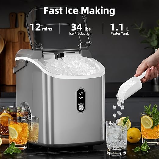 Antarctic Star Nugget Ice Maker Countertop with Soft Chewable Ice, Portable Sonic Ice Maker with Basket and Scoop, Removable Top Cover, Auto-Cleaning for Home/Party/RV/Camping (Grey)