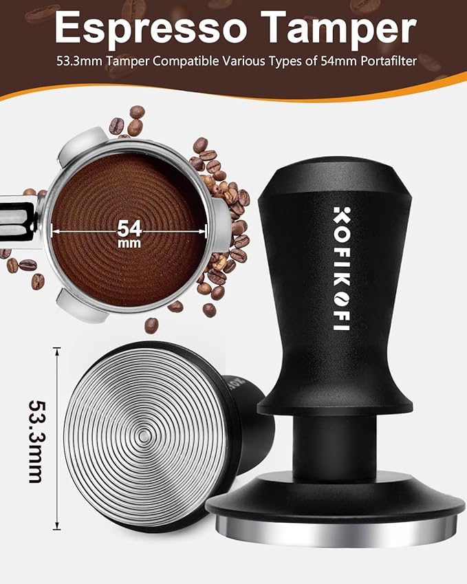 53.3mm Espresso Tamper, Coffee Tamper with Stainless Steel Ripple Base, Barista Espresso Coffee Tamper with 30lbs Spring Loaded and Aluminum Handle Fits for Breville Series 54mm Portafilter