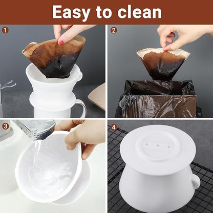 Segarty Camping Coffee Dripper Set, Collapsible White Silicone Coffee Maker with 200PCS Disposable Coffee Filter Cone Paper, Single Serve Dripping Brewer for Travel Backpacking