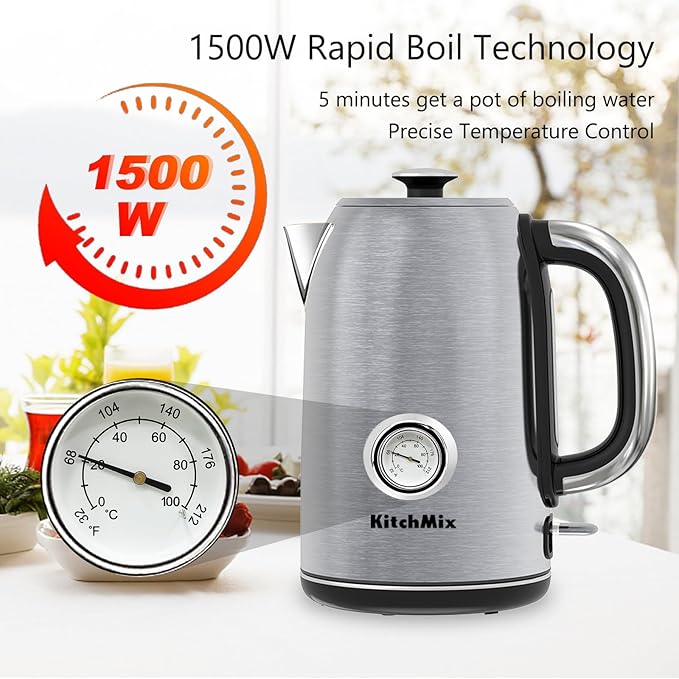 Electric Tea Kettles1500W, 1.7L Stainless Steel Tea Kettle with Thermometer, Auto Shut-Off & Boil-Dry, Cool Touch Handle, BPA Free (Stainless steel)