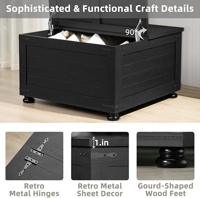 Farmhouse Coffee Table with Hidden Storage,Wood Square Center Table for Living Room, Large Rustic Cocktail Tables with Flip-Top Lids, Farm House Tables with Wooden Gourd Feet,Natural Black