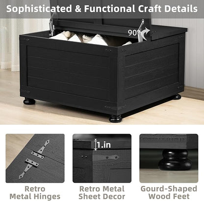 Farmhouse Coffee Table with Hidden Storage,Wood Square Center Table for Living Room, Large Rustic Cocktail Tables with Flip-Top Lids, Farm House Tables with Wooden Gourd Feet,Natural Black