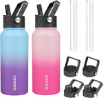Load image into Gallery viewer, BJPKPK 2 Pack Insulated Water Bottles with Straw Lids, 32oz Stainless Steel Metal Water Bottle with 6 Lids, Leak Proof BPA Free Jugs, Cups, Flasks for Travel, Sports (Cherry+Ocean Dream)