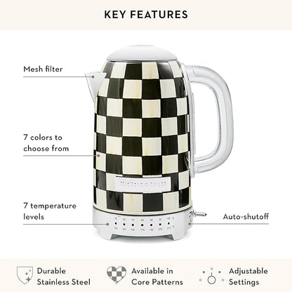 MACKENZIE-CHILDS Electric Kettle, Stainless-Steel Tea Kettle, Black-and-White Courtly Check