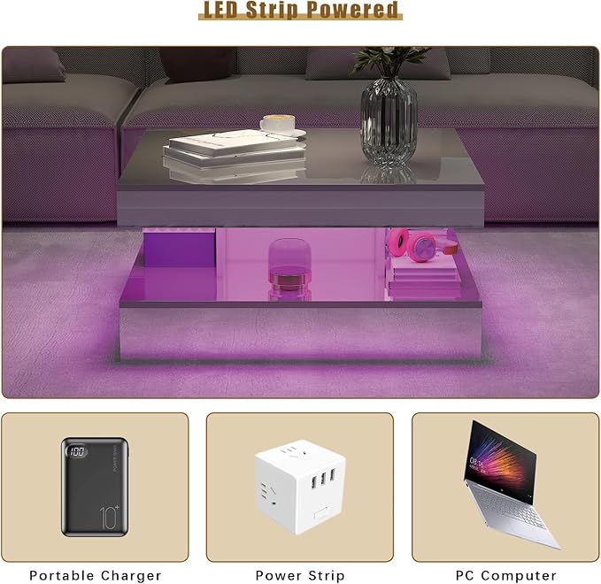 LED Coffee Table with Lights for Living Room Modern Mid Century Square Small Center Table with Storage Shelf Mirror Effect 2-Tier Apartment Office Bedroom Waiting Room Reception, Pet