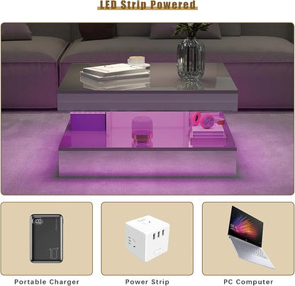 LED Coffee Table with Lights for Living Room Modern Mid Century Square Small Center Table with Storage Shelf Mirror Effect 2-Tier Apartment Office Bedroom Waiting Room Reception, Pet