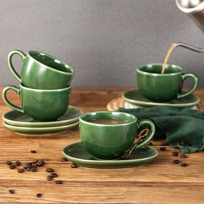 vicrays 6.5 oz Cappuccino Cups with Saucers, Set of 4, Ceramic Coffee Cup for Au Lait, Double shot, Latte, Cafe Mocha, Tea (Green)