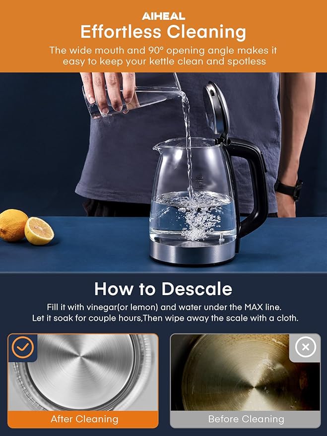 Electric Kettle, Aiheal Glass Kettle Temperature Control With 5 Colors LED Lights Variable, Keep Warm, Fast Boiling Electric Kettle, Stainless Steel Inner Lid & Bottom, 1.7L