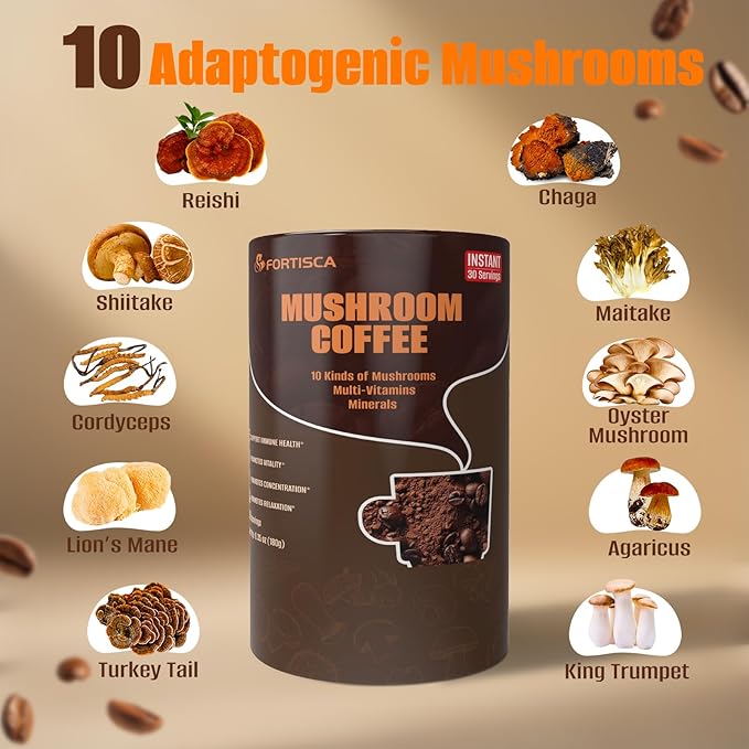 10 in 1 Mushrooms Coffee(Lion's Mane, Cordyceps, Turkey Tail & Other) Ashwagandha Magnesium Multivitamins, 2000mg Mushroom Instant Coffee Powder for Energy, Digestion, Immune Support, 30 Servings