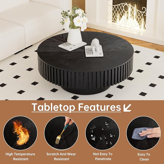 Round Coffee Table with Storage 31.4" Modern Black Fluted Coffee Table Low Round Storage Drum Pedestal Coffee Tables for Living Room Farmhouse (Black A 31.4in)