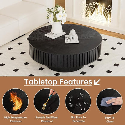 Round Coffee Table with Storage 31.4" Modern Black Fluted Coffee Table Low Round Storage Drum Pedestal Coffee Tables for Living Room Farmhouse (Black A 31.4in)