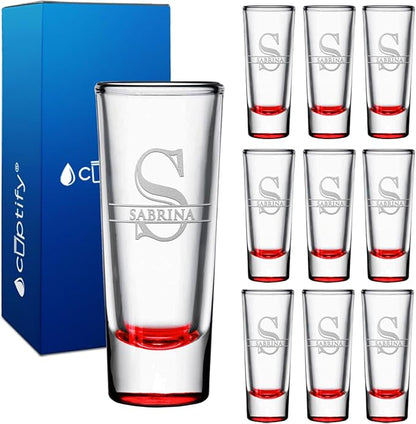 Personalized Shot Glasses Set of 10 Red Bottom Custom 2 oz Cordial Shot Glass Initial and Name for Gifts, Weddings, Birthdays, Party, Event, Decorations