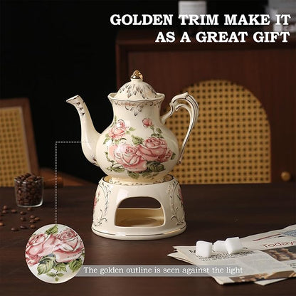 Vintage Ceramic Tea Pot, Heatable with Warmer, Decor for Party, Camping or Wedding, 25 oz/ 2 Cup, White with Pink Roses & Gold Trim